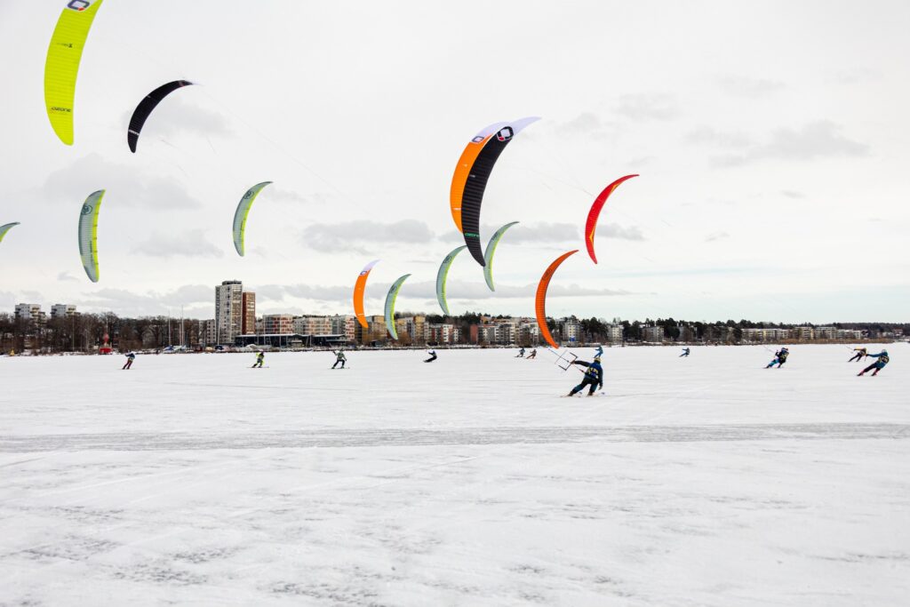 Kites racing on the frozen lake